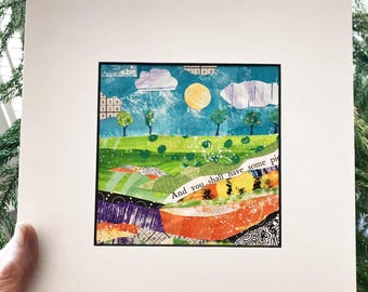 Original Landscape Collage Art: Hand-Painted Paper, 4x4 Image