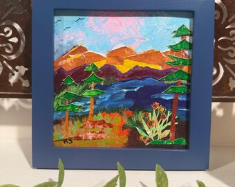 Mountain Landscape original. 6x6  framed mixed media on canvas. Ready to hang.