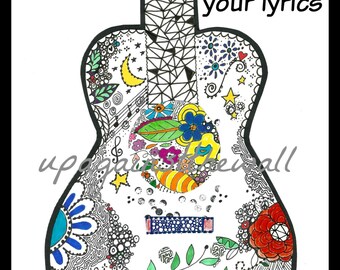 Custom Lyrics Guitar Art Print, Personalized Song Gift