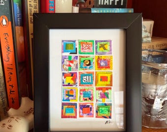 Mini Framed Abstract Art: Hand-Painted Collage (4x5 in.)