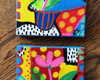 Set of acrylic mini canvas paintings. Sweet little 4x4 abstracts.