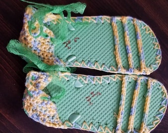 Lime Green flip flop espradrill with crocheted uppers and lime green lace ankle ties