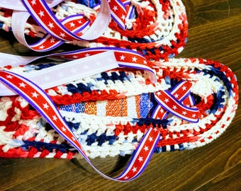 Patriotic Espradrill with flip flop soles with  Stars and Stripes ankle wrapped ribbon ties