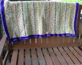 Crocheted Plaid Blanket with multi-colored woven Stripes