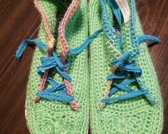 Handmade with love crocheted lime green sneakers with flipflop bottoms