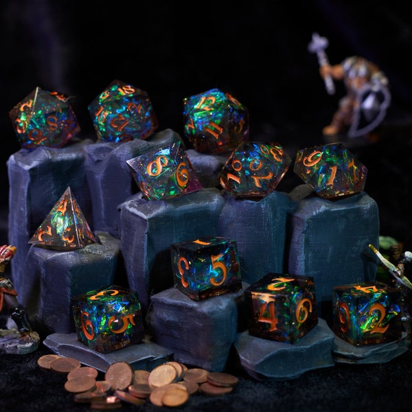 Dark Green Glitter Handmade Personalized Sharp Edge DnD Resin Dice set with Custom Crit on the D20s