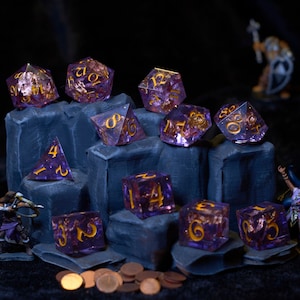 Purple Glitter Handmade Personalized Sharp Edge DnD Resin Dice set with Custom Crit on the D20s