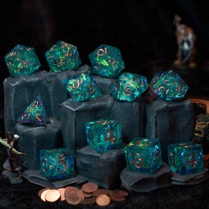 Teal Glitter Handmade Personalized Sharp Edge DnD Resin Dice set with Custom Crit on the D20s