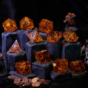 Orange Glitter Handmade Personalized Sharp Edge DnD Resin Dice set with Custom Crit on the D20s