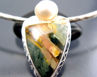 MORRISONITE JASPER PENDANT Sterling Silver With  18k Gold Accents And Large Cultured Pearl