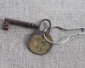 Vintage Metal Skeleton Open Barrel Key with Round Brass Number 17 Tag, Antique Metal Lever Barrel Key with Fob