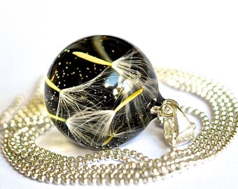 Black dandelion necklace with metal antialergical chain, dandelion seeds pendant, necklace with real common dandelion