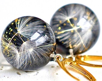 Dandelion seed earrings, gold earrings, sterling gold wish earrings bridesmaid jewlery black resin earrings, dandelion in high quality resin