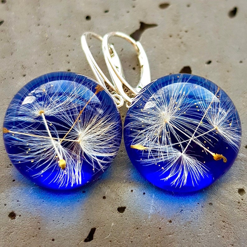 Echte Löwenzahn Ohrringe, blaue Ohrringe, Braut-Accessoires, Löwenzahn Samen Ohrringe, echte Blumen, Brautjungfer Samen, botanische Schmuck Bild 4