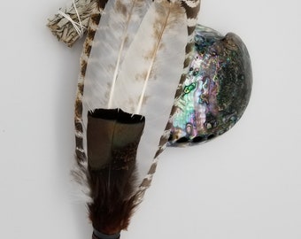 OOAK Handmade Ceremonial Smudge Fan with Rio Grande & Heritage Turkey and Rooster Feathers, Quartz keyhole Crystal Point~Reiki Blessed
