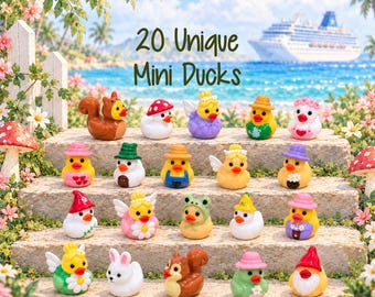 May include: A collection of 20 miniature yellow ducks and animal figurines, including squirrels and a rabbit, displayed on stone steps. The ducks feature various colorful hats, outfits, and accessories like flowers and wings, with the text 20 Unique Mini Ducks.