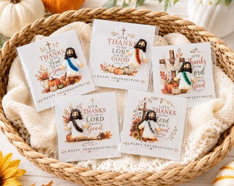 May include: Five small figurines of Jesus attached to individual cards in clear plastic sleeves. Each card features the text Give Thanks to the Lord for He is Good and Happy Thanksgiving with illustrations of pumpkins, crosses, and autumn foliage.