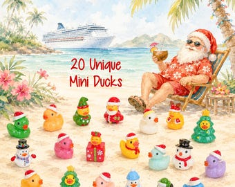 May include: A collection of 20 unique mini ducks featuring various holiday and seasonal themes, including Santa Claus, snowmen, and Christmas trees, displayed on a sandy beach with a cruise ship and Santa Claus in the background.