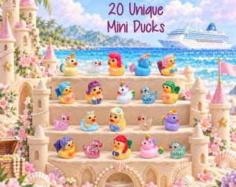 May include: A collection of 20 miniature rubber ducks in various colors and styles, including glittery, patterned, and character-themed designs, arranged on a tiered sandcastle structure with a cruise ship and ocean in the background.