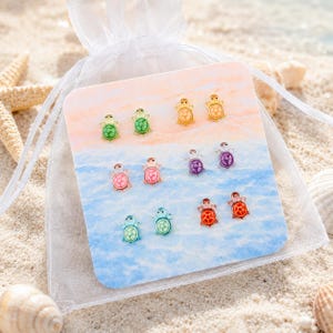 6 Pairs Turtle Stud Earrings Set • Sterling Silver Posts • Colorful Sea Turtle Earrings • Beach Jewelry Gift for Girls Teens & Turtle Lovers