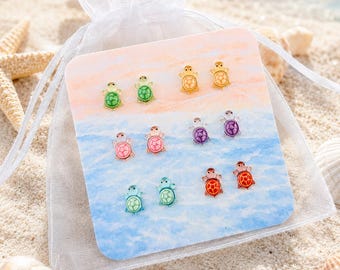6 Pairs Turtle Stud Earrings Set • Sterling Silver Posts • Colorful Sea Turtle Earrings • Beach Jewelry Gift for Girls Teens & Turtle Lovers