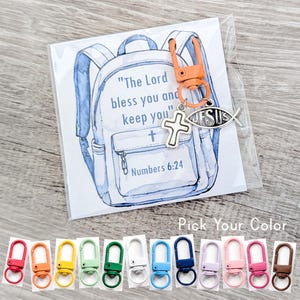 Christian Backpack Blessing Clip • Back to School Protection Gift • Silver Cross & Jesus Fish Medal Charms • Bible Verse Prayer Card