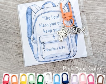 Christian Backpack Blessing Clip • Back to School Protection Gift • Silver Cross & Jesus Fish Medal Charms • Bible Verse Prayer Card