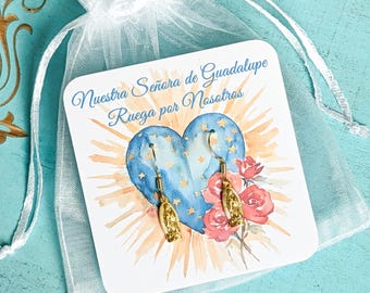 Our Lady of Guadalupe 18K Gold Earrings – Spanish Prayer Card “Nuestra Señora de Guadalupe” – Hispanic/Latina Catholic Gift