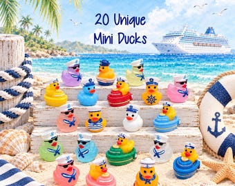 May include: A collection of 20 miniature rubber ducks, each wearing a sailor hat and some featuring sunglasses, displayed on a wooden tiered stand. The ducks are various colors, including yellow, pink, blue, and green, with some sitting in small boats.