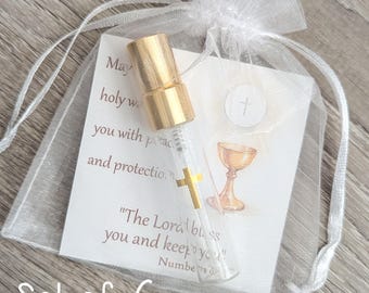 First Communion Favors - Set of 6 Holy Water Spray Bottle with Customizable Prayer Card