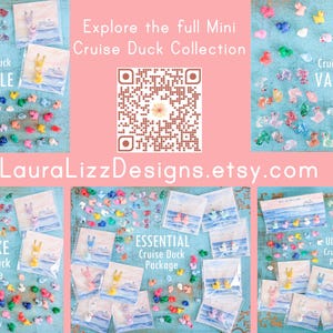 May include: A collection of miniature plastic ducks in various colors and styles, displayed in multiple packaging sets labeled as Mini Cruise Duck Bundle, Variety Pack, Deluxe, Essential, and Ultimate packages, with a central QR code and text.