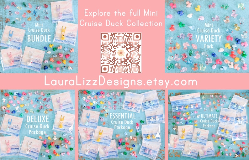 May include: A collection of miniature plastic ducks in various colors and styles, displayed in multiple packaging sets labeled as Mini Cruise Duck Bundle, Variety Pack, Deluxe, Essential, and Ultimate packages, with a central QR code and text.