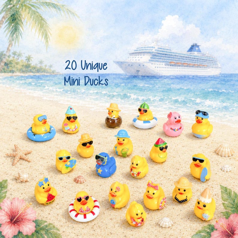 May include: A collection of 20 yellow rubber ducks with various accessories like sunglasses, hats, and floaties, arranged on a sandy beach. The text 20 Unique Mini Ducks is visible above the ducks, with a cruise ship in the background.