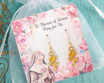 St. Therese “Little Flower” Gold Rose Earrings • 18K Gold Plated • Catholic Jewelry • Confirmation & Mother’s Day Religious Gift