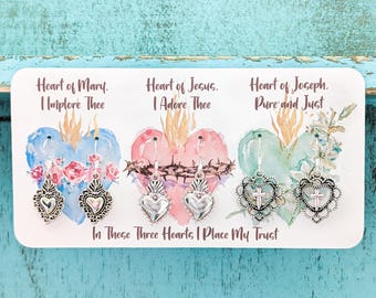 Holy Family Hearts Catholic Earrings Set – Sacred Heart Jesus, Immaculate Heart Mary, St Joseph – Sterling Silver – Prayer Card & Sacred Art