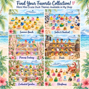 May include: A collection of mini rubber ducks displayed in six themed sets: Summer Beach, Sailor & Nautical, Princess Fantasy, Pirate, Enchanted Garden, and Christmas. Each set features small, colorful ducks with various accessories and costumes.