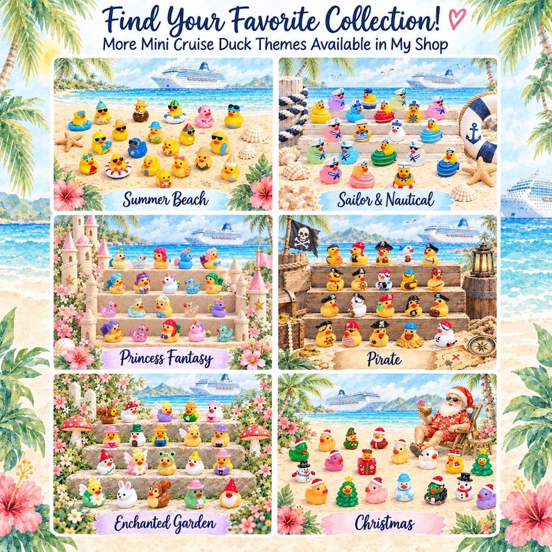 May include: A collection of mini rubber ducks displayed in six themed sets: Summer Beach, Sailor & Nautical, Princess Fantasy, Pirate, Enchanted Garden, and Christmas. Each set features small, colorful ducks with various accessories and costumes.