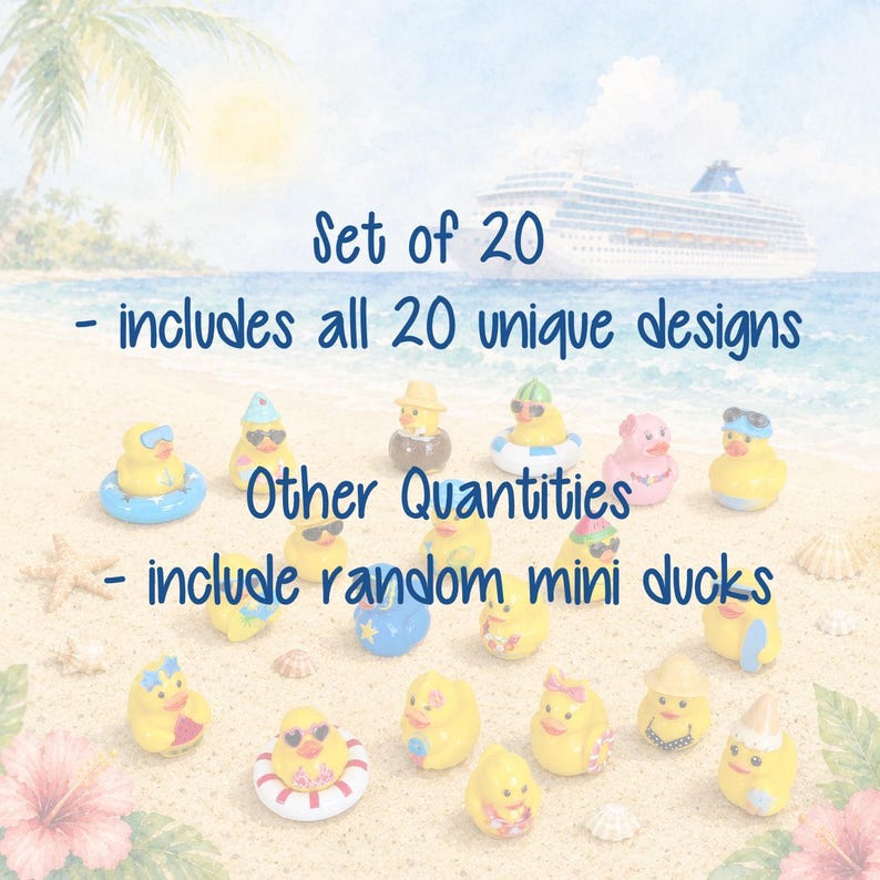 May include: A collection of 20 small yellow rubber ducks featuring various accessories like sunglasses, hats, and swim rings. The text reads: Set of 20 - includes all 20 unique designs. Other Quantities - include random mini ducks.