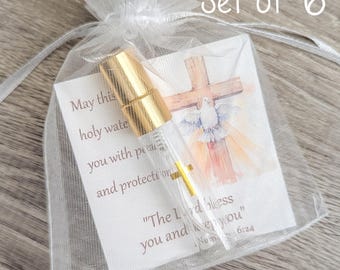 Confirmation Favors – Set of 6 Catholic Holy Water Spray Bottle Gifts with Customizable Prayer Card