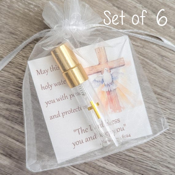 Confirmation Favors – Set of 6 Catholic Holy Water Spray Bottle Gifts with Customizable Prayer Card
