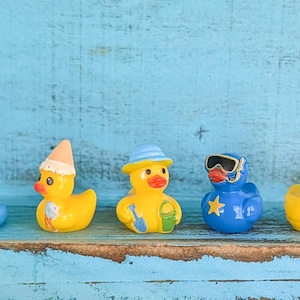 May include: Five small rubber duck figurines arranged in a row. The first is yellow with goggles in a blue inner tube. The second is yellow with a tan party hat. The third is yellow with a blue hat and bucket. The fourth is blue with goggles. The fifth is yellow with blue sunglasses.