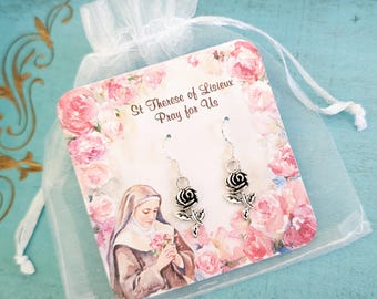 St. Therese “Little Flower” Rose Earrings • Sterling Silver Catholic Jewelry • Religious Faith Gift • Confirmation, Mother’s Day, Birthday