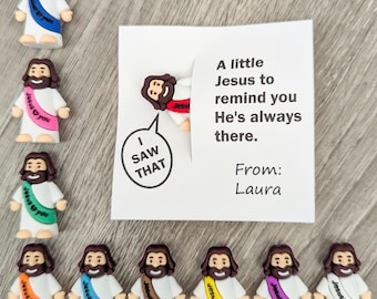 Mini Jesus Set of 10 – Funny “I Saw That” Christian Meme – Little Pocket Jesus Gifts for Friends & Everyday Encouragement – Customizable