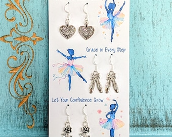 Sterling Silver Ballet Dancer Earrings Trio • Dance Recital Gift for Girls • Ballerina Birthday Jewelry • Heart, Ballet Shoes, & Rose Set