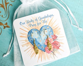 Our Lady of Guadalupe 18K Gold Earrings – Double‑Sided Charms, Prayer Card & Organza Bag – Perfect Catholic Gift for Any Occasion