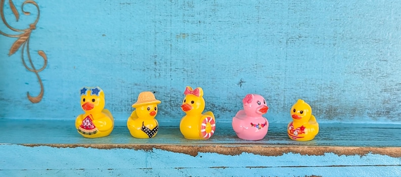 May include: Five miniature rubber ducks arranged in a row. The first is yellow with blue star glasses and a watermelon pattern. The second is yellow with a tan sun hat and black bikini. The third is yellow with a pink bow and life preserver. The fourth is pink with a flower. The fifth is yellow with a red bikini.