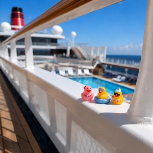 May include: Three small rubber ducks are perched on a white railing. One is pink with a flower, one is yellow wearing goggles in a blue inner tube, and one is yellow wearing a party hat and sunglasses. The background shows a cruise ship deck.