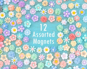 12 Pastel Flower Magnets Gift Set • Assorted Resin Floral Magnets in Organza Bag • Thinking of You • Small Gift Idea • Desk or Locker Decor