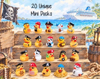May include: A set of 20 unique mini ducks, each featuring different pirate-themed accessories, hats, and outfits. The yellow, white, and multi-colored rubber duck figures are arranged on wooden steps, with the text 20 Unique Mini Ducks visible.