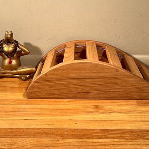 Backbender yoga prop, ideal for a tight back from too much computer, aids in relaxation of the spine. Made of oak, comes fully assembled.